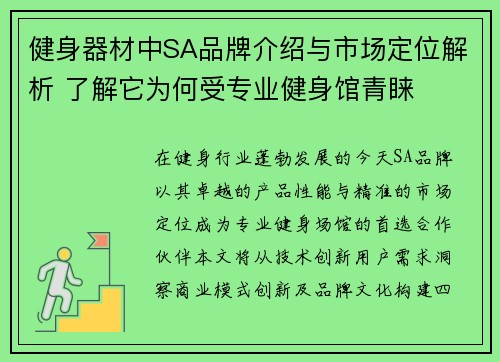 健身器材中SA品牌介绍与市场定位解析 了解它为何受专业健身馆青睐